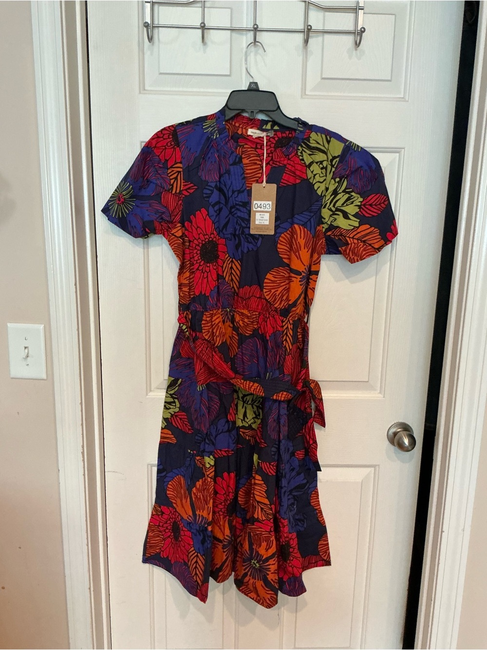 Bold Floral Tie-Waist Mini Dress in Navy Multi